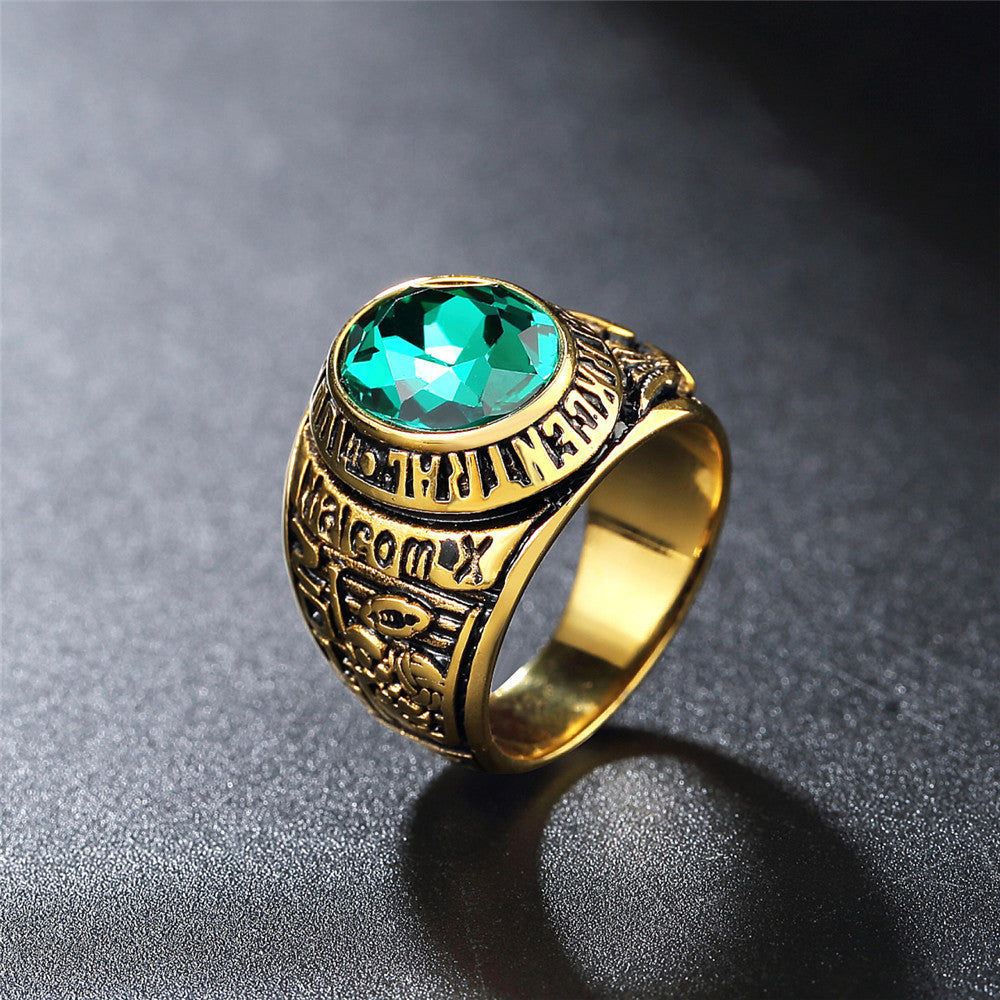 Planderful Eagle Army Ring Stainless Steel With Oval Zircon Unisex Durable Retro Gold Plated Protection