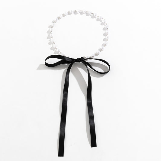 Retro Bow Clavicle Chain Necklace with DIY Lace Webbing, Pearls - Vienna Verve Collection