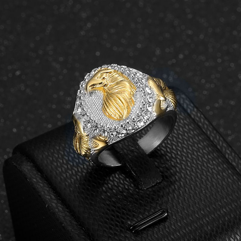 Hip Hop Ring For Men Eagle Two Tone Titanium Steel Rhinestone Gold Plated Planderful Everyday Genie