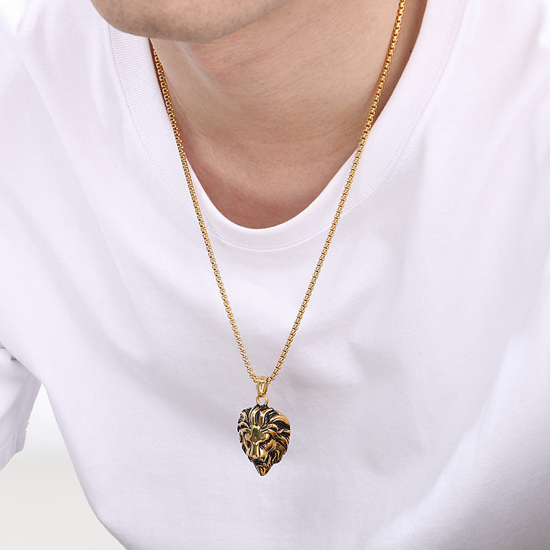 Planderful Lion Head Zircon Pendant Steel Mens Necklace