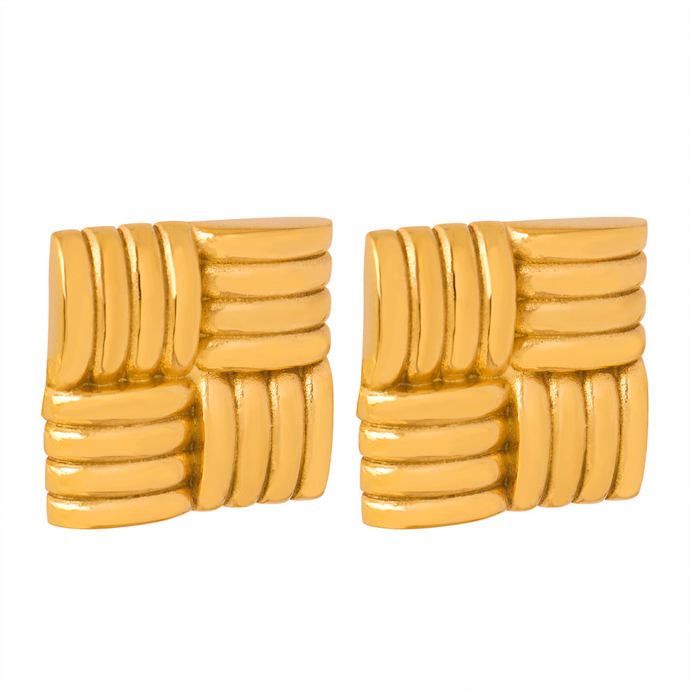 Golden Striped Square Earrings - Retro Geometric Design