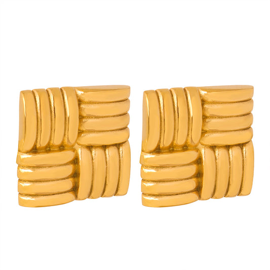 Golden Striped Square Earrings - Retro Geometric Design