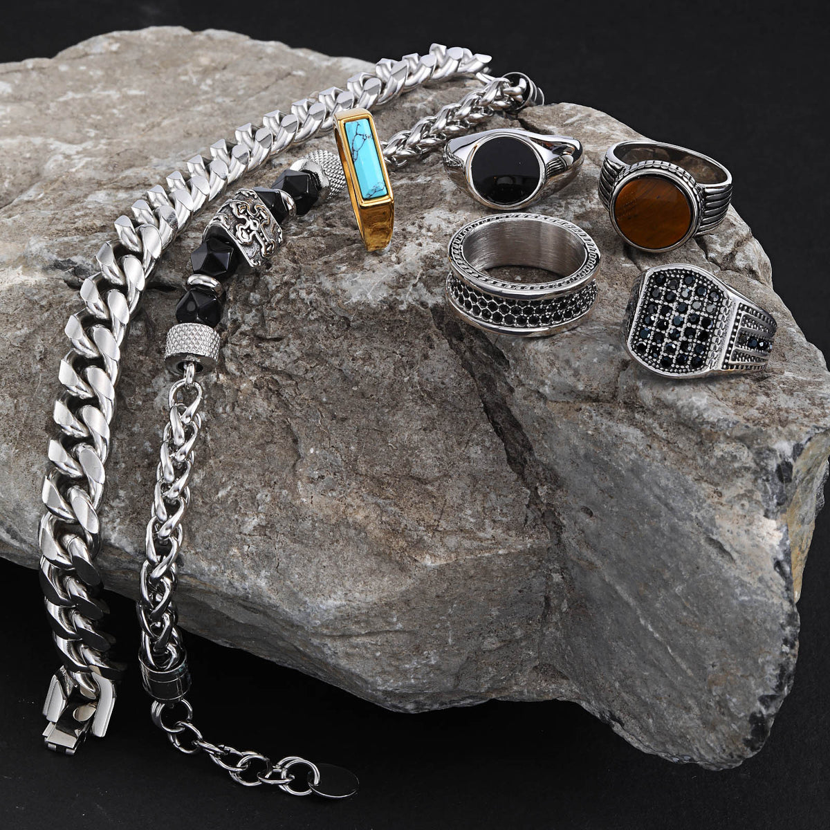 Stainless Steel Hip Hop Zircon Tiger's Eye Ring and Bracelet Men's Turquoise Wear