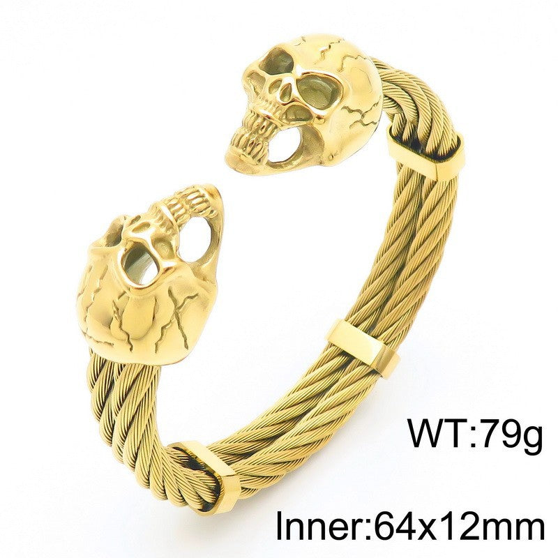 Punk Double Skull Steel Wire Men's Titanium Steel Bracelet