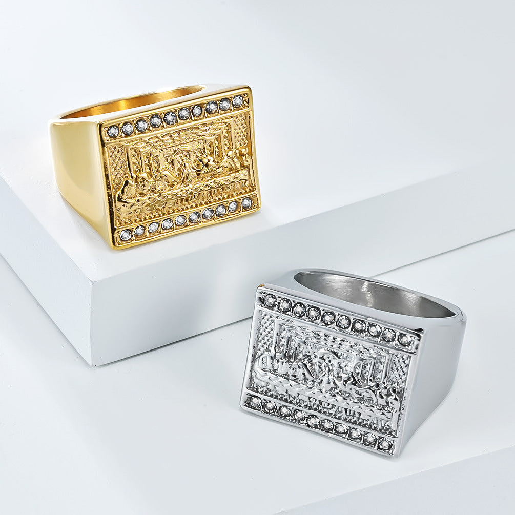 Planderful Hip Hop Ring For Men Last Supper Titanium Steel 18K Gold Plated Personalized Jewelry