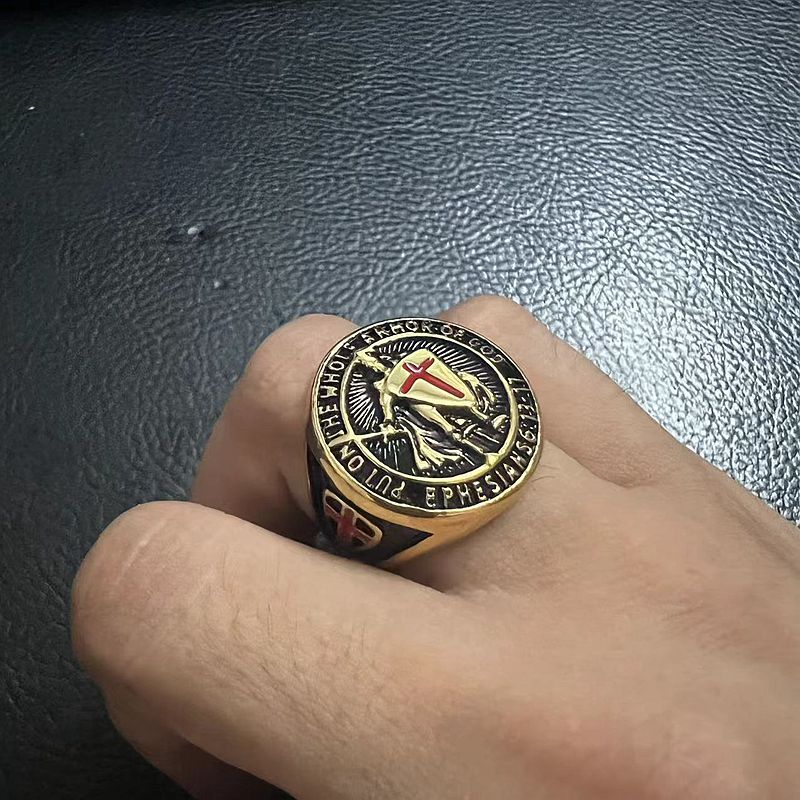 Planderful Everyday Genie Titanium Steel Gold Plated Ring Red Cross Shield For Men Hip Hop Style