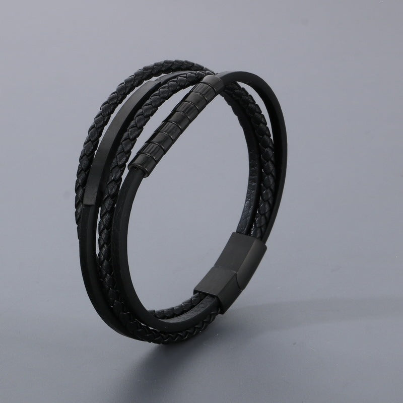 Stainless Steel Black Gold Beaded Leather Cord Bracelet – Multi-Layer Woven Magnetic