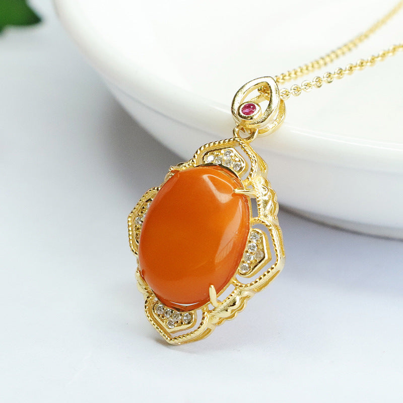 Golden Petal Honey Amber Necklace with Zircon Pendant