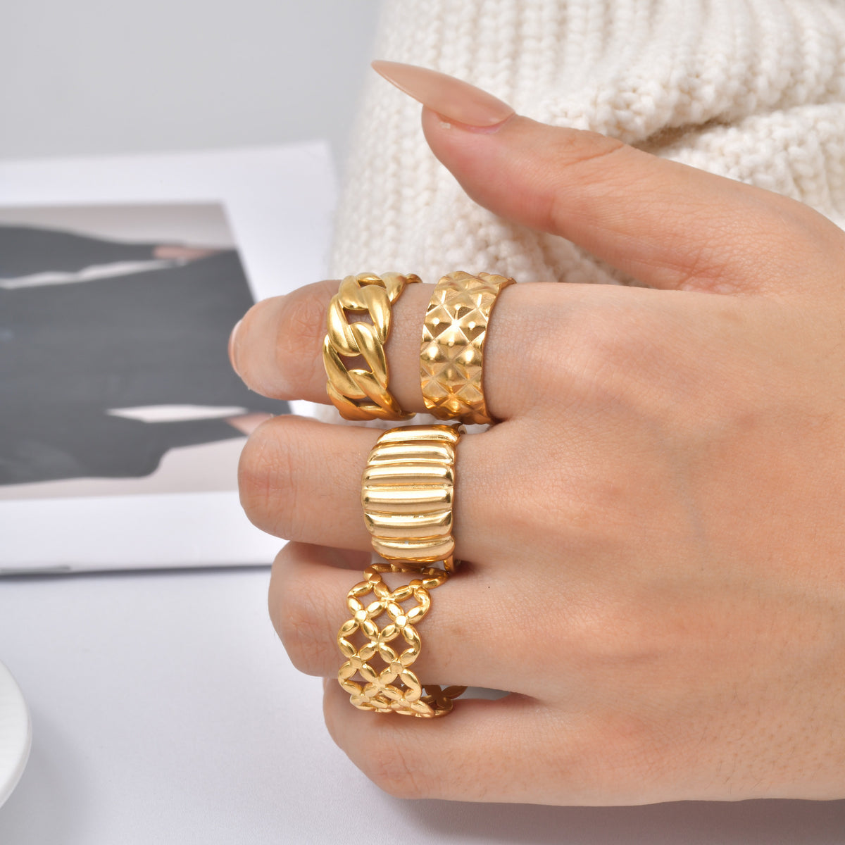 Stainless Steel Lines Folded Rhombus Geometric Irregular Opening Ring