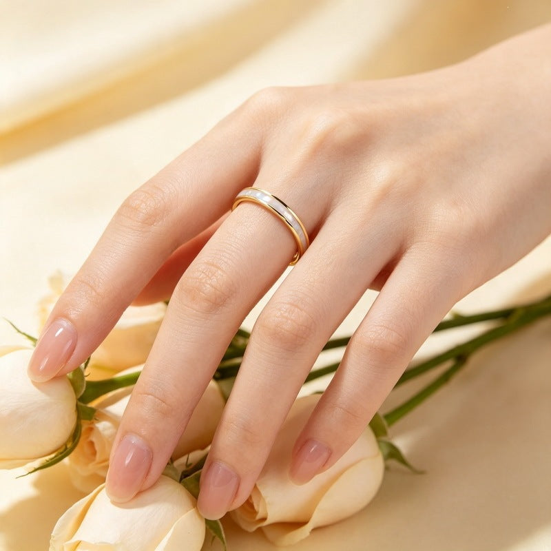 French Stacked Shell Plain Ring 2mm Embedded Fritillary Stainless Steel Women's