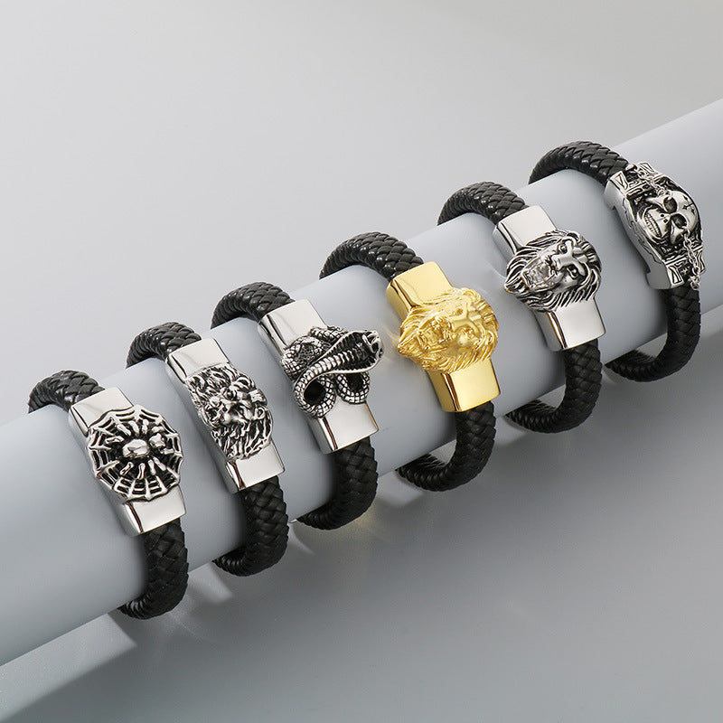 Two-Layer Leather Woven Bracelet – Casting Lion Head Snake Head Ghost Head Titanium