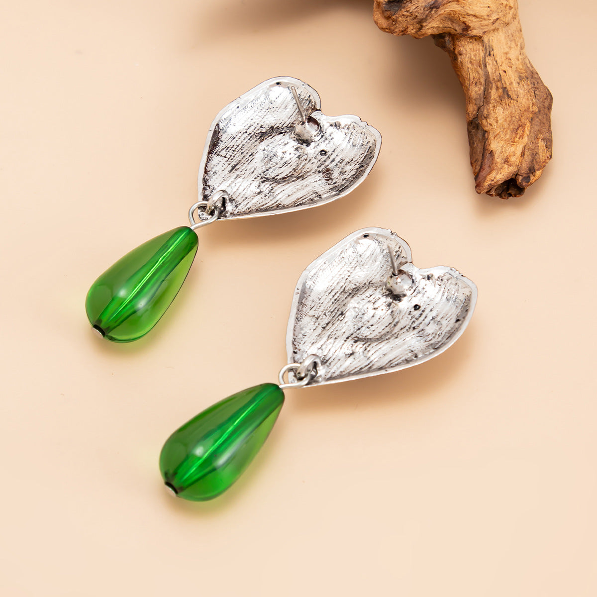 Planderful Medieval Green Water Drop Pendant Earrings Inlaid Peach Heart Gem Vienna Verve For Vintage Jewelry Lovers