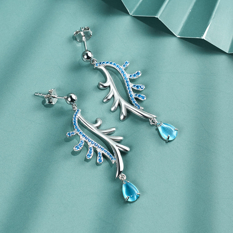 925 Sterling Silver New Chinese Temperament Earrings Blue Cat Eye