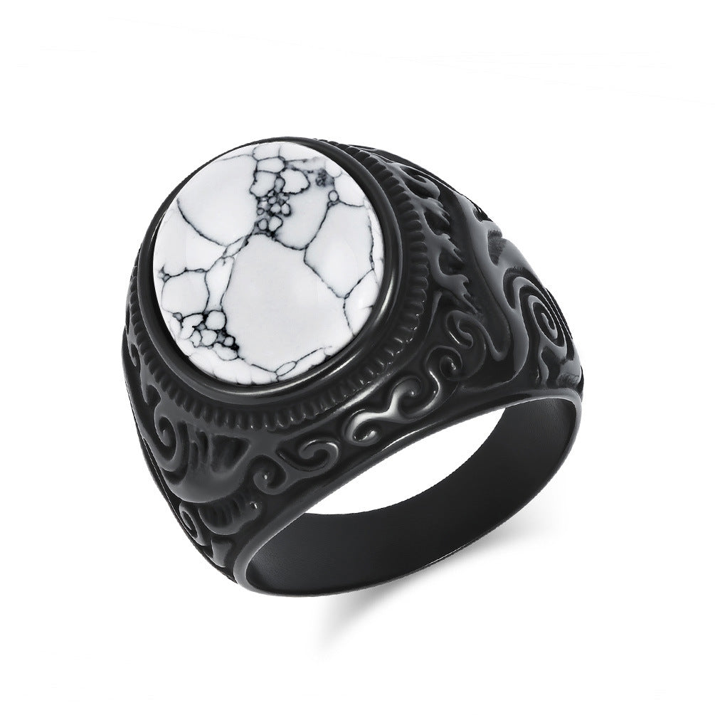 Planderful Mens Titanium Steel Ring With Tiger Eye Gem Retro Engraved Bold Statement Jewelry