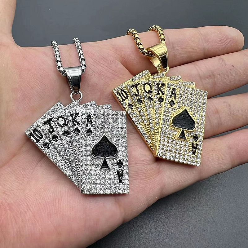 Planderful Everyday Genie Hip Hop Jewelry Titanium Steel Gold Plated Rhinestone Playing Card Necklace For Hip Hop Fans