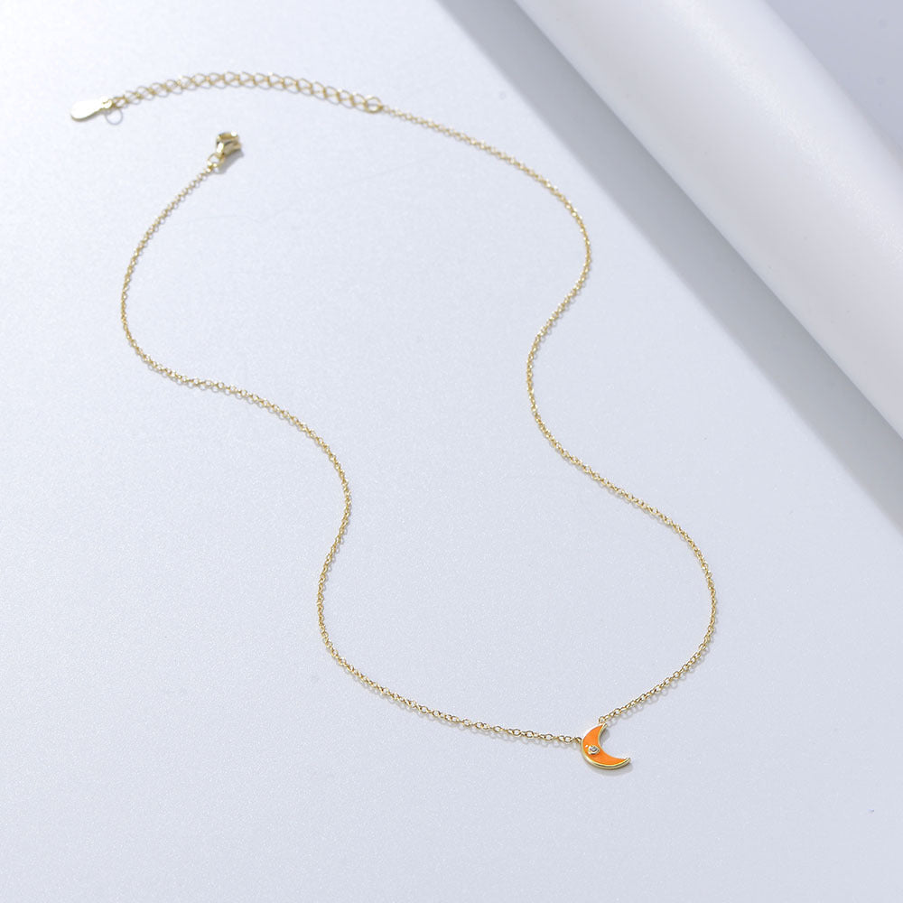S925 Sterling Silver Women Inlaid Zircon Cold Wind Necklace Epoxy Moon