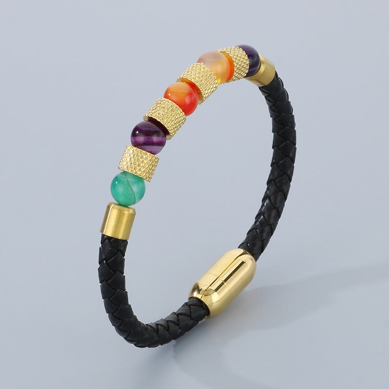 Bohemian Quartz Stone Beaded Leather Rope Bracelet – Magnetic Buckle Bracelet – Leather
