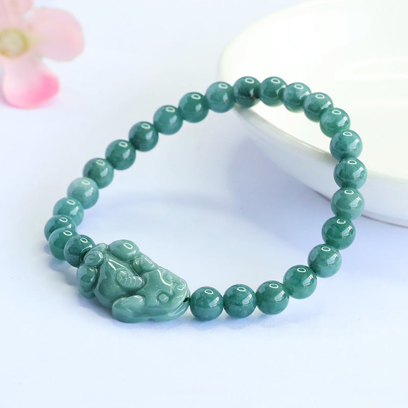 Blue Water Jadeite Pixiu & Round Bead 6 mm Bracelet