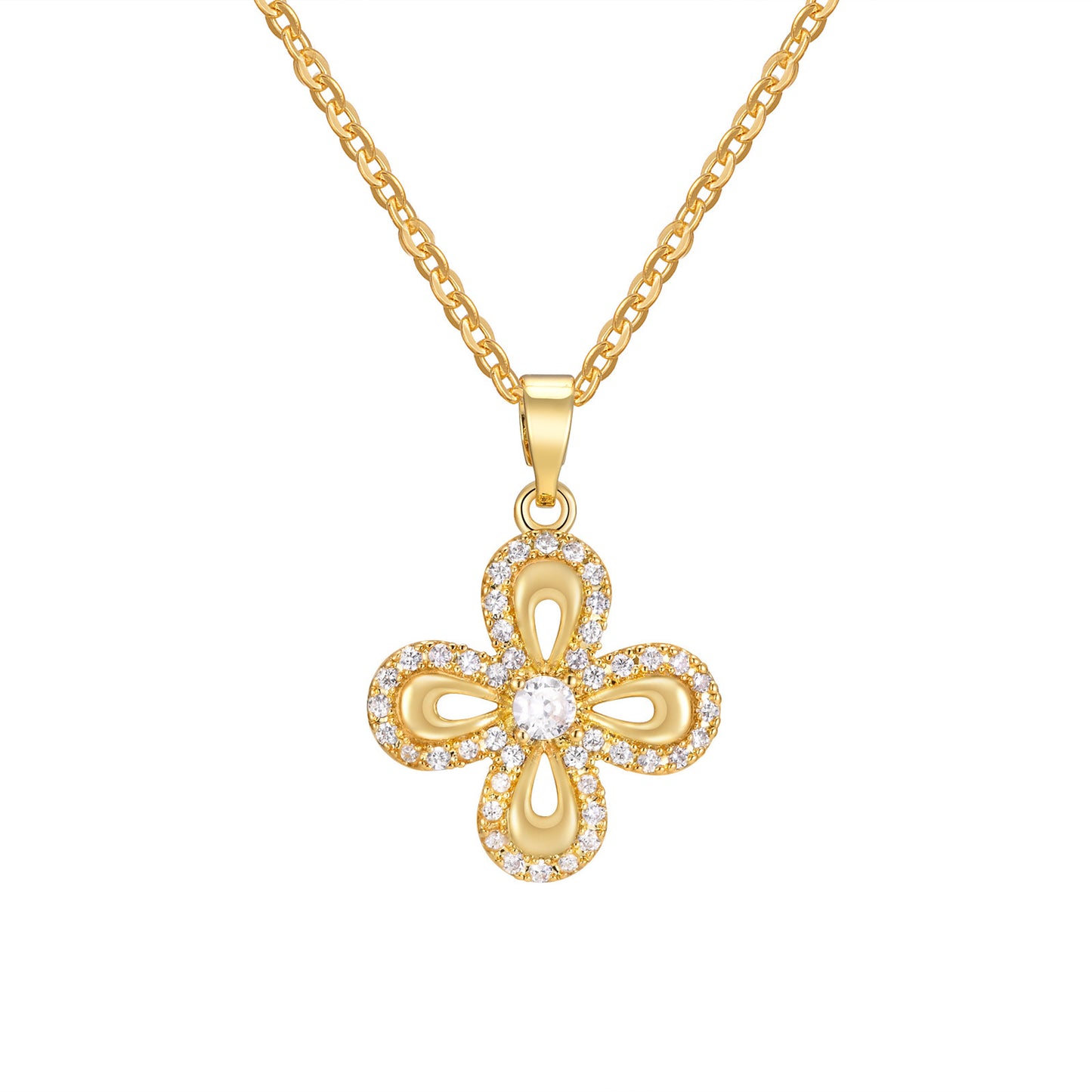 Zircon Flower Pendant Necklace in Gold Copper Jewelry Wholesale