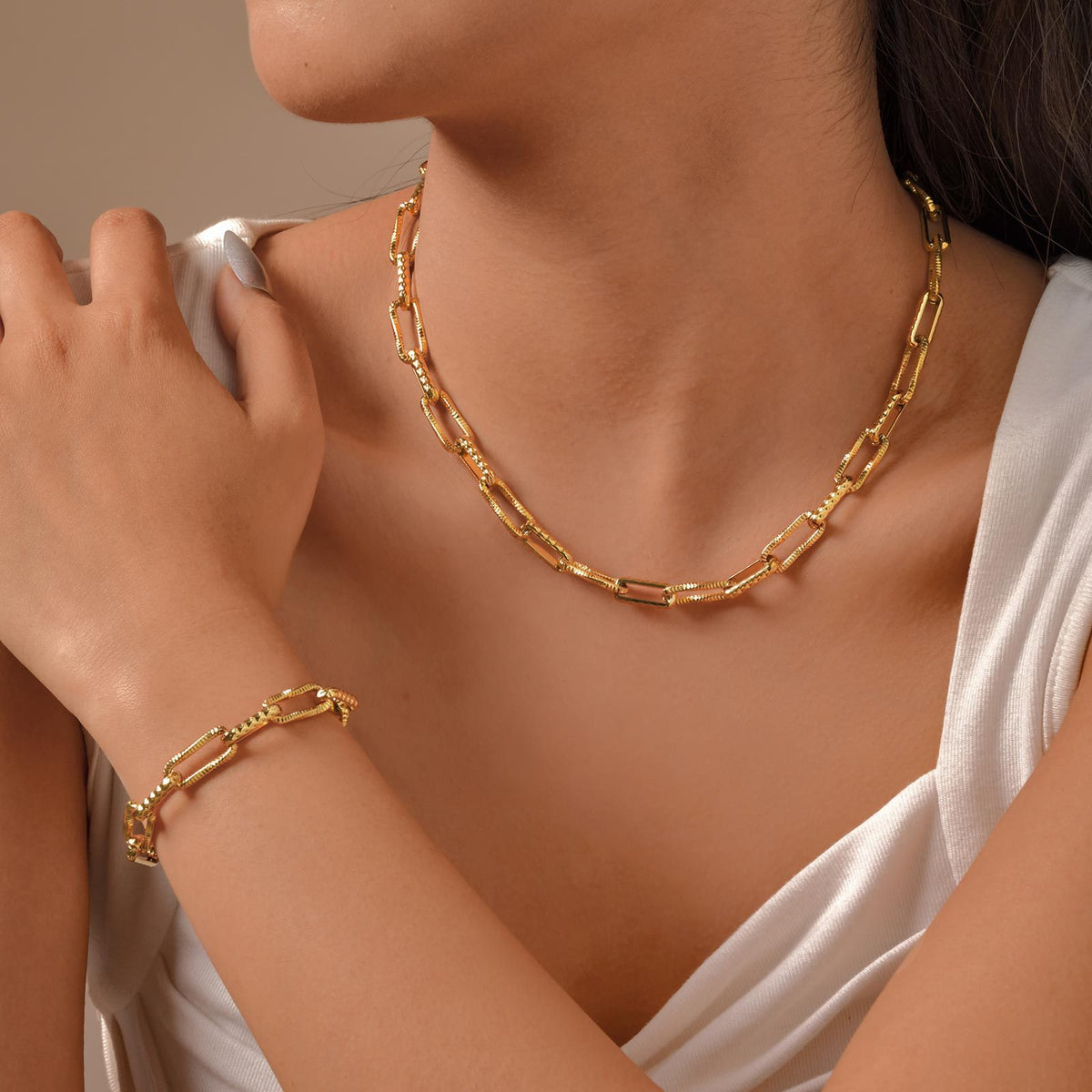 Women's Stainless Steel Embossed Rectangular Handmade Chain Bracelet Necklace Gold