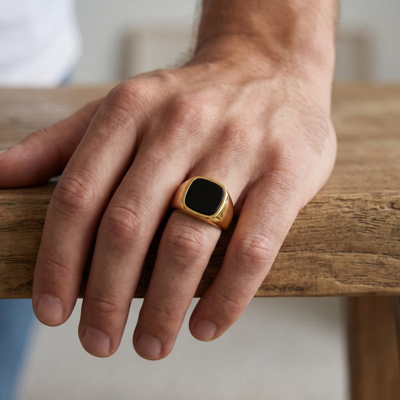 Cold Smooth Stainless Steel Ring, Square Black Stone Titanium Steel Men's