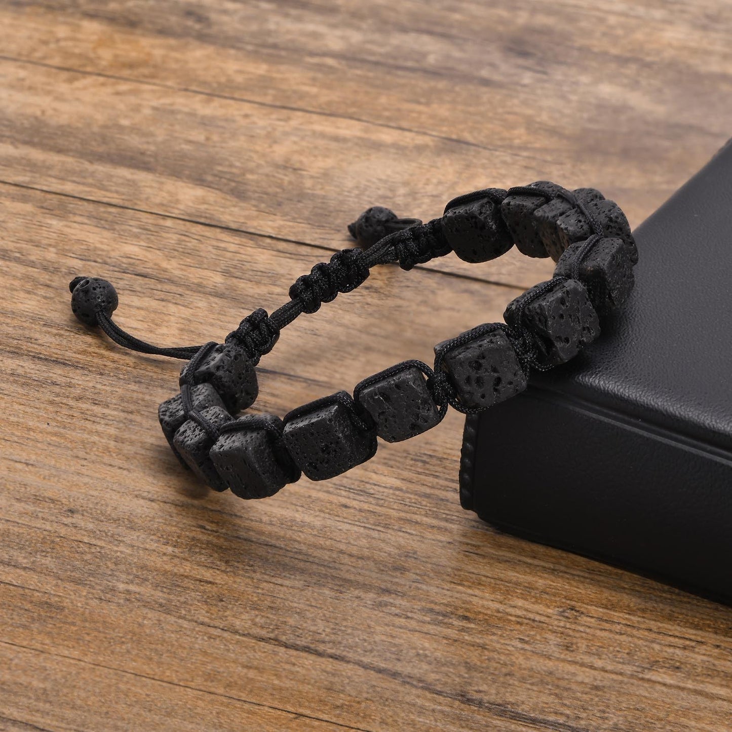 Men's Black Bracelet Adjustable Square Volcanic Stone Jewelry