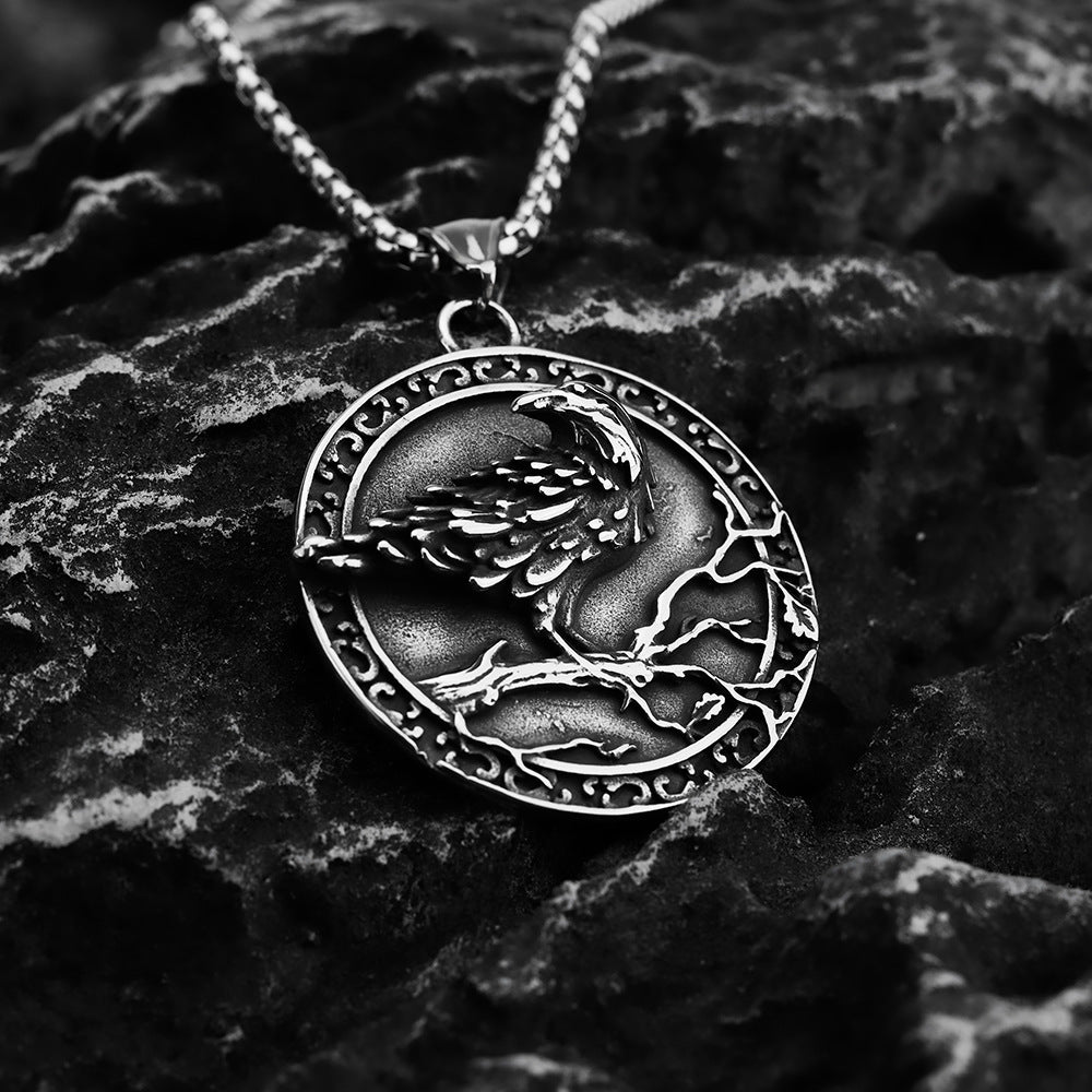 Nordic Vintage Men's Jewelry Stainless Steel Raven Runavin Pendant Necklace