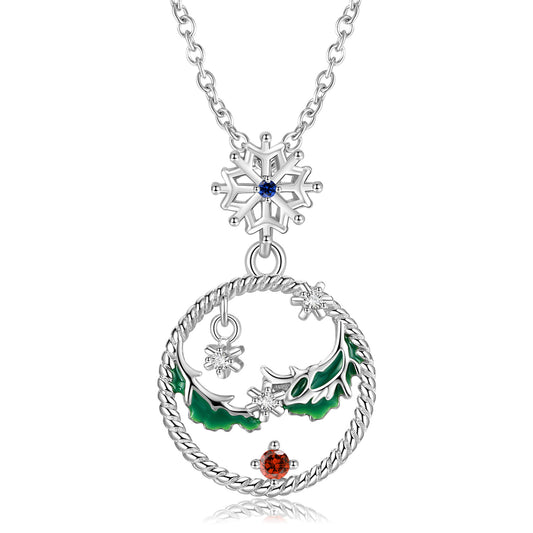 Christmas Snowflake Hollow Circle Zircon Silver Necklace