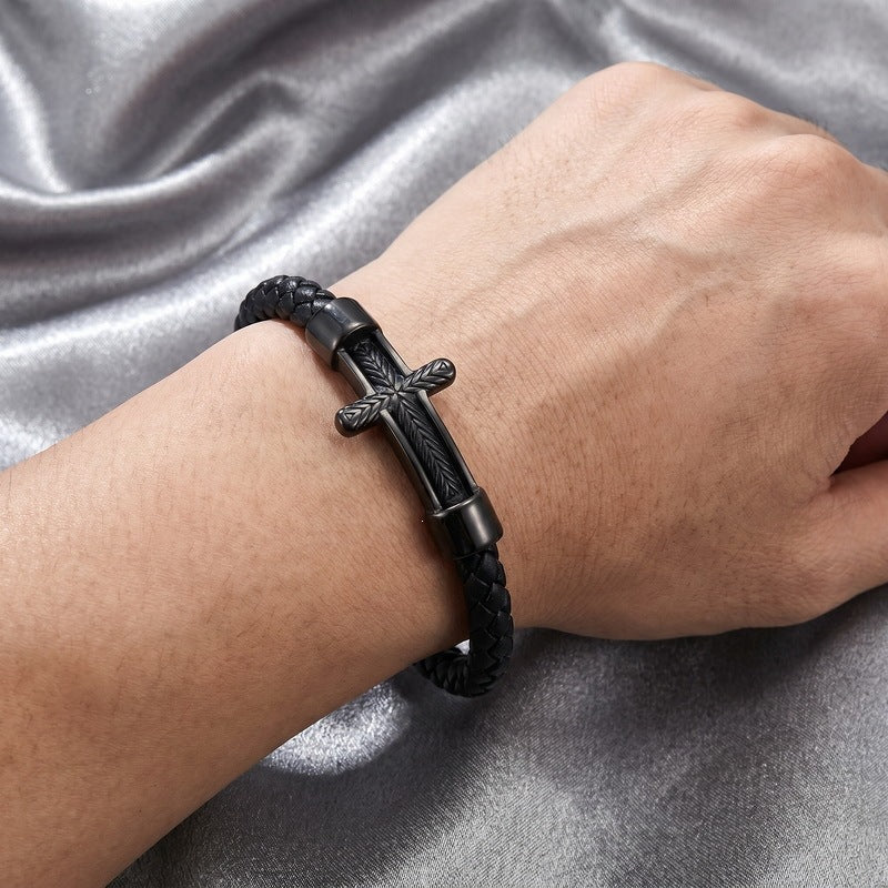 Wheat Ear Cross Curved Bar Woven Leather Bracelet Old Round Stainless Steel