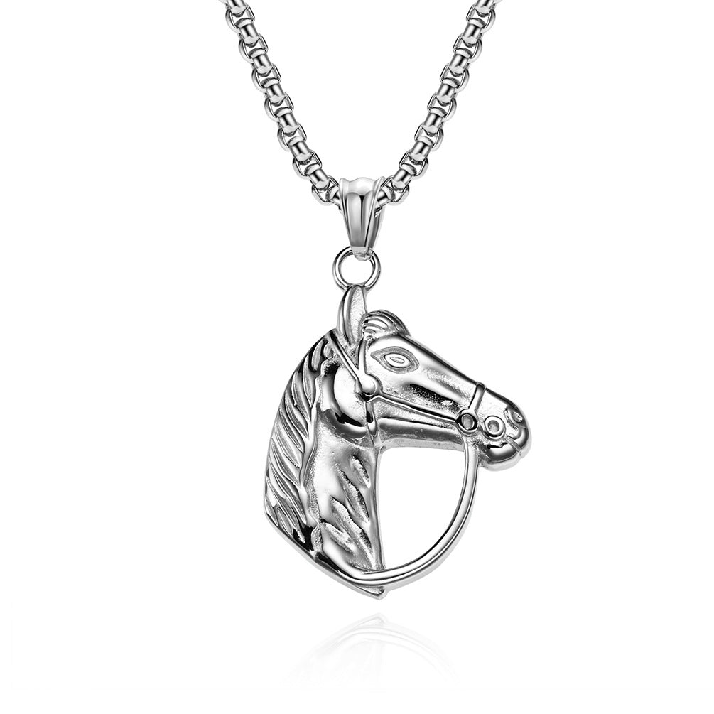 Planderful Mens Horse Head Necklace Personalized Retro Titanium Steel Pendant For Horse Racing Fans