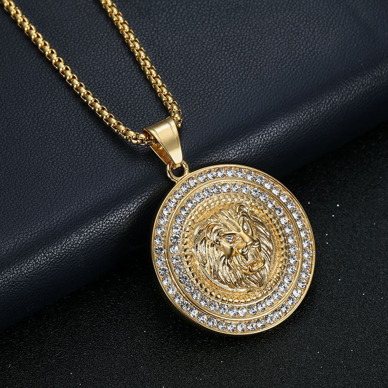 Rhinestone Necklace - Luxury Lion Head Pendant, Gold-Plated Stainless Steel, Planderful Hip Hop Jewelry