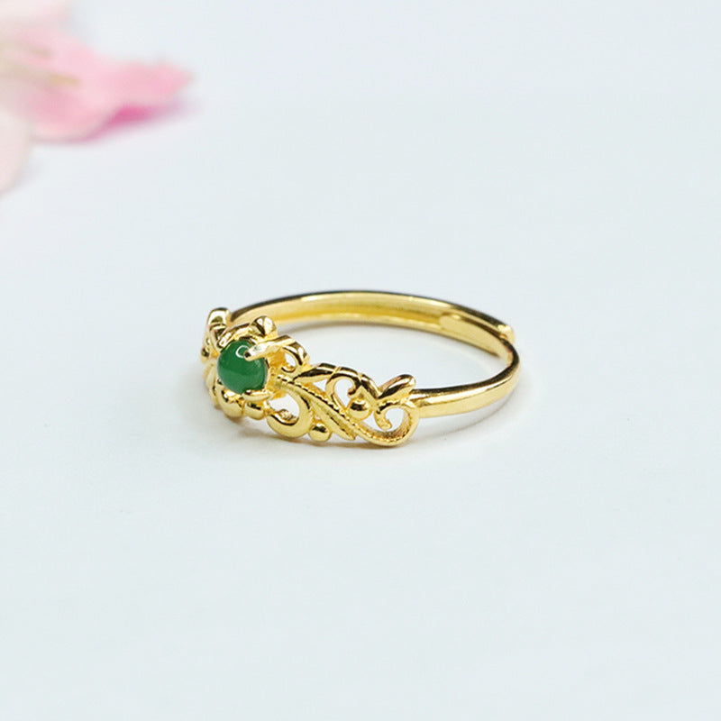 Icy Green Jadeite Vine Leaf 925 Silver Ring
