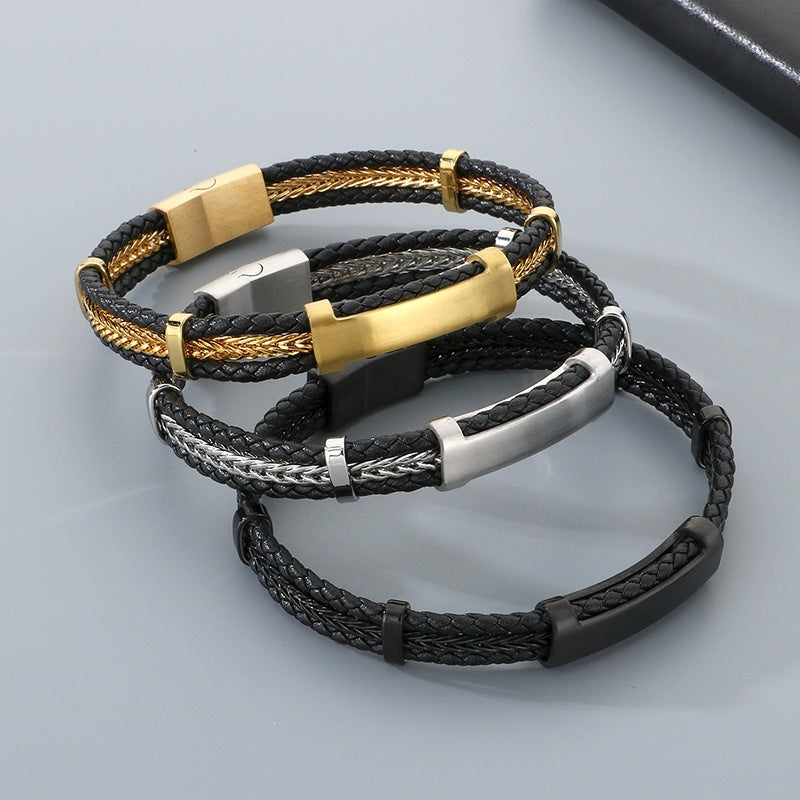 Business Men's Leather Rope Bracelet – Steel Wire Braided Multi-Layer Leather Rope