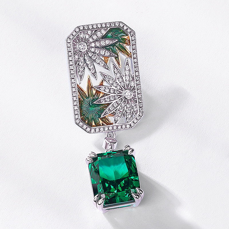 S925 Sterling Silver Synthetic Green Gemstone Openwork Stud Earrings