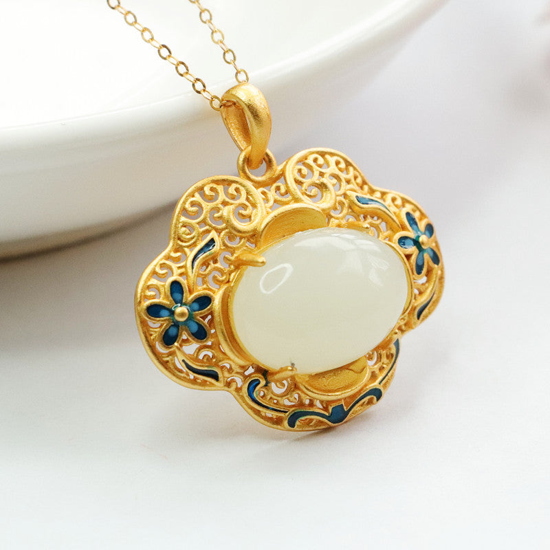 S925 Silver Natural Hotan Jade Pendant Oval White Jade Enamel Hollow Flower Ruyi Necklace