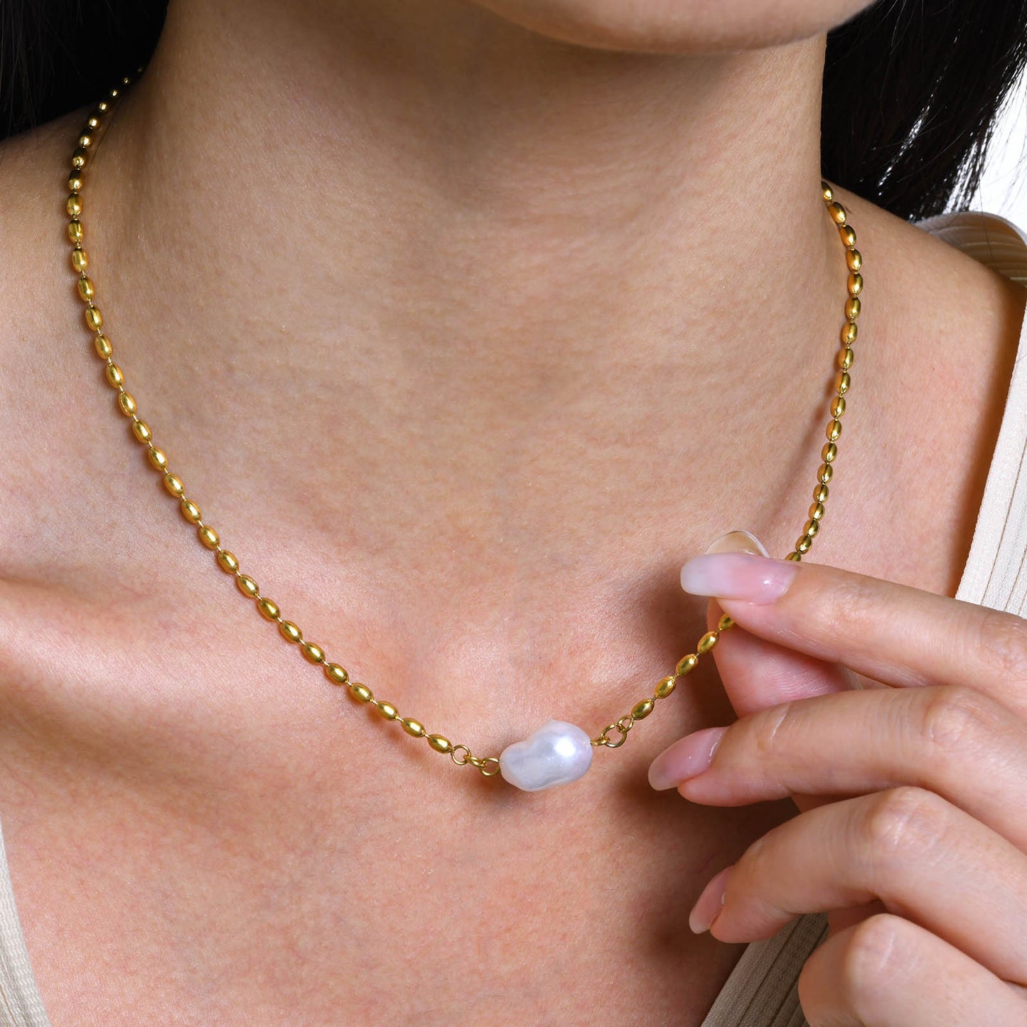 Stainless Steel Ladies Fashion Jewelry Gold Pearl Olive Bead Necklace