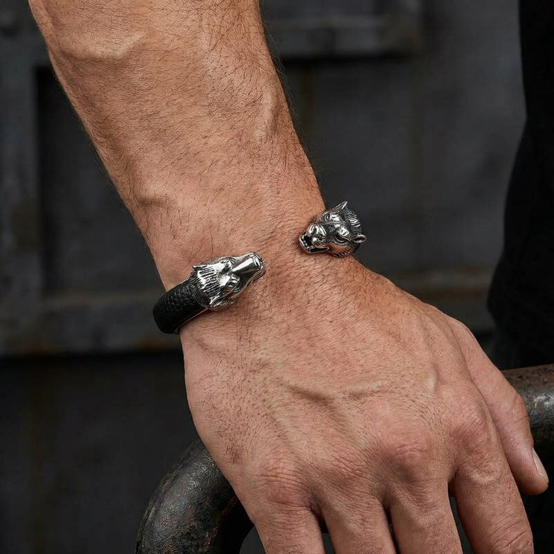 Men's Stainless Steel – Punk Style & Bold Wolf Head Titanium Steel Open-Leather Bracelet