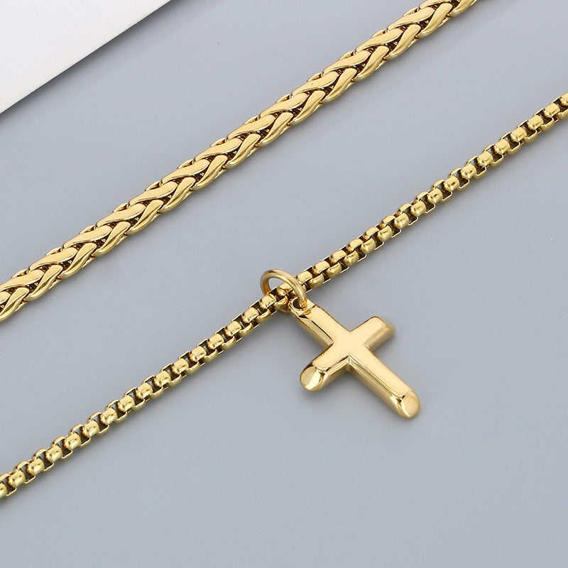 Hip-Hop Trendy Men Stacked Cross Pendant Double-Layer Square Pearl Flower Basket Chain Titanium Necklace
