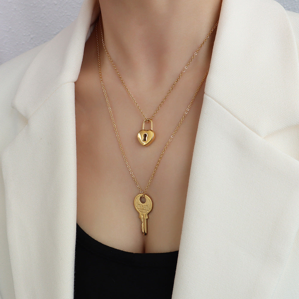 French-Inspired Titanium Steel Key Lock Pendant Necklace with 18k Gold Chain - Couple Necklace Set