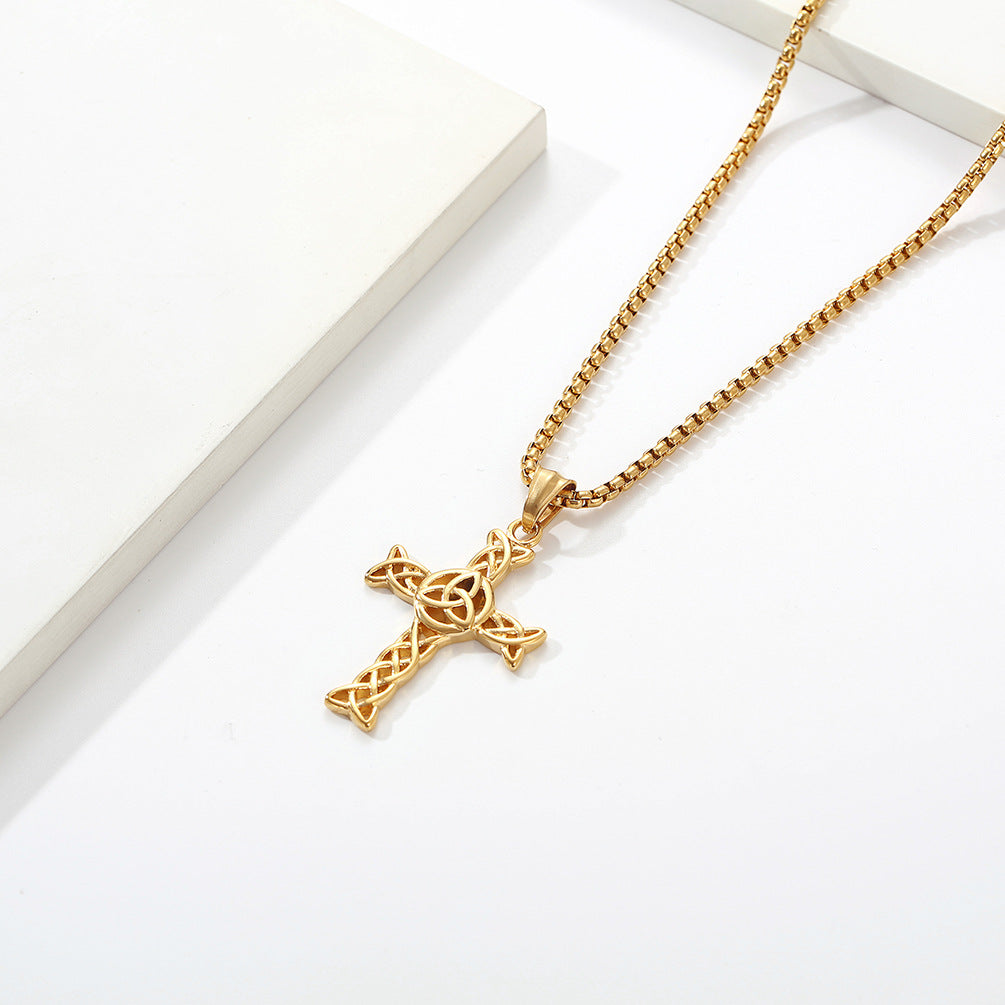 Cross-Border Amazon Celtic Knot Hollow Titanium Steel Cross Necklace for Men and Women
