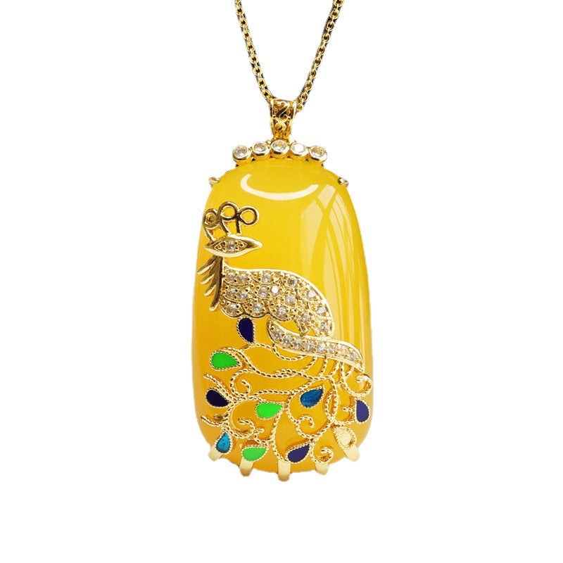Yellow Chalcedony Cloisonné Phoenix Plaque Pendant — No Chain