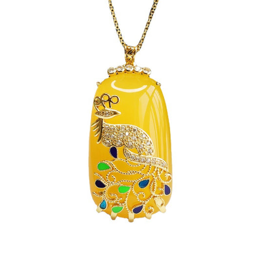 Yellow Chalcedony Cloisonné Phoenix Plaque Pendant — No Chain