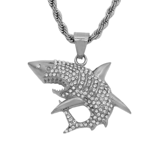 Planderful Titanium Steel Zircon Shark Pendant Unisex Hip Hop Jewelry Statement Accessory