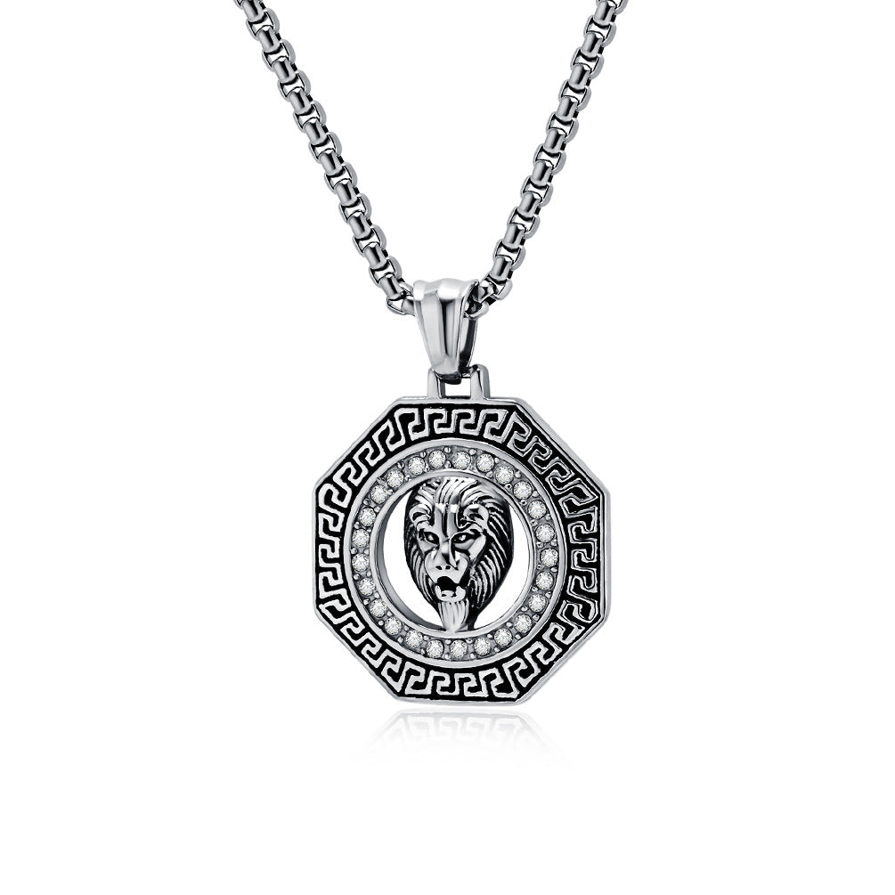 Steel Necklace – Statement Hip Hop Lion Head Zircon Inlay Pendant For Bold Everyday Style
