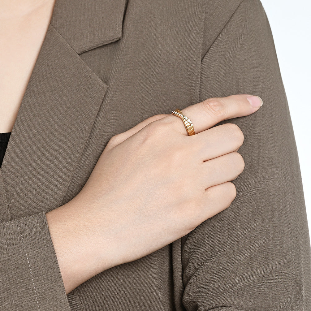 French Geometric Design Stainless Steel Gold-Plated Ring Women's