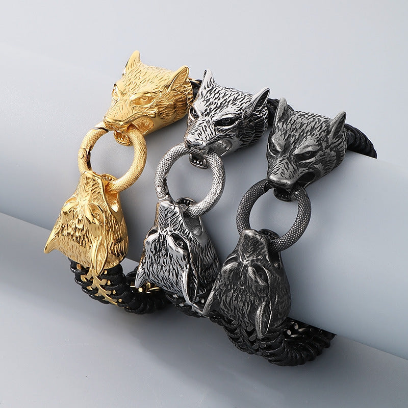 Planderful Double Wolf Head Lion Head Bracelet Men Titanium