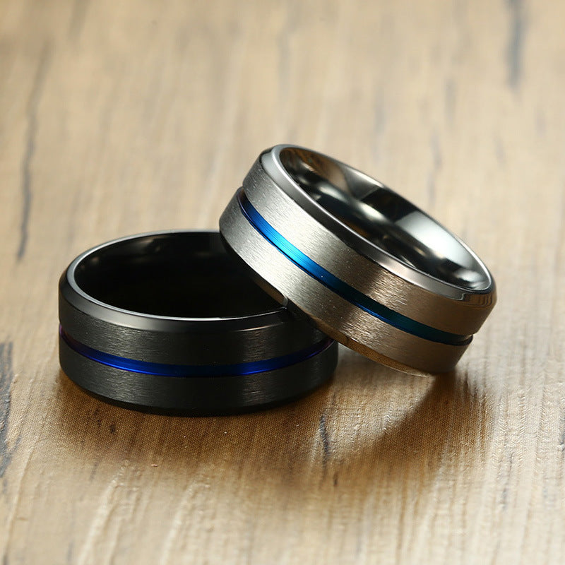 Men Rings Trend Titanium Steel Blue Joint Grooves Ring