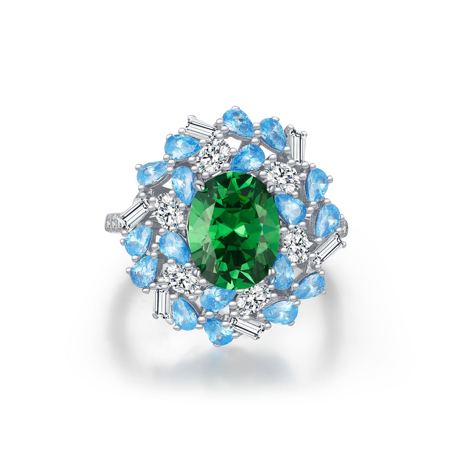 Planderful Gala Fireworks Ring – Elegant Sterling Silver with Imitation Emerald and Zircon