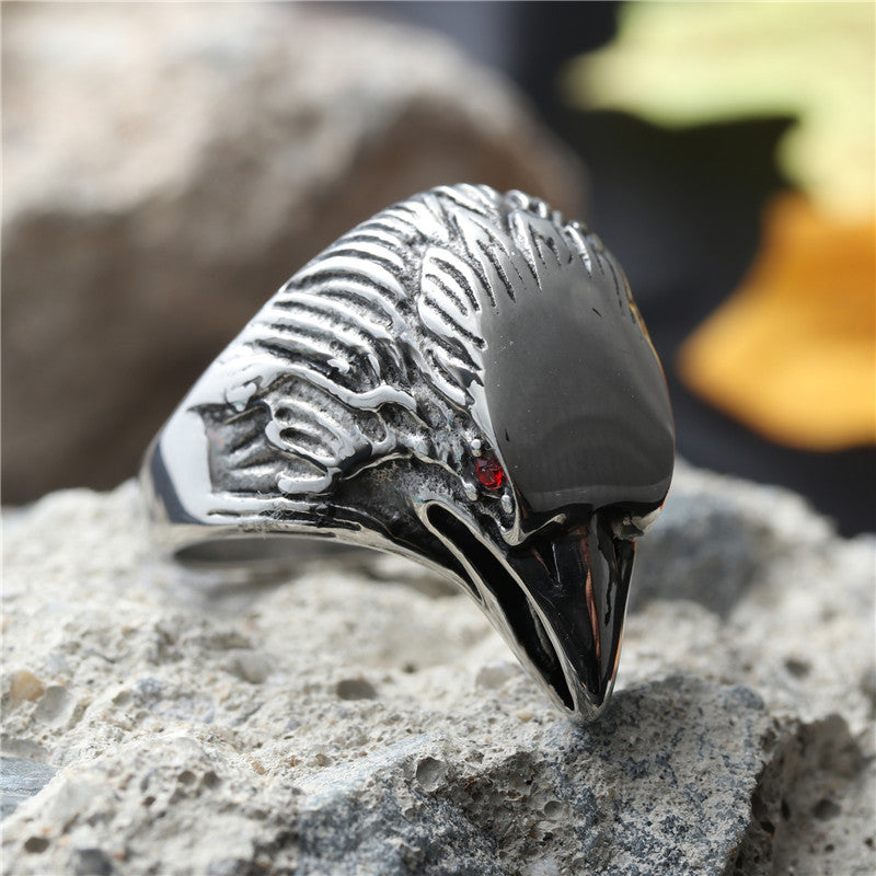 Titanium Steel Retro Eagle Ring for Men - Punk Hipster Style with Red Eyes