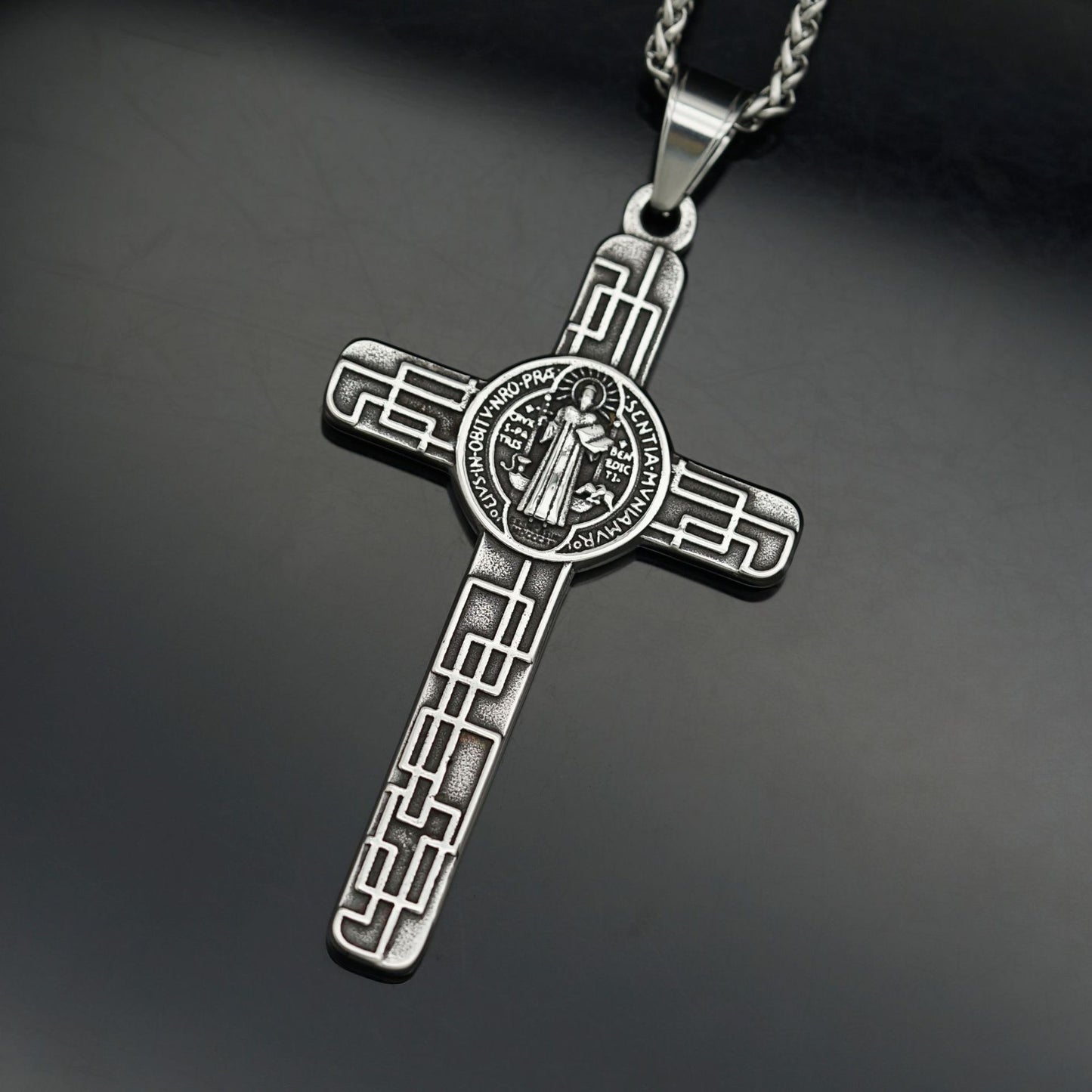 Stainless Steel Necklace - Statement Men's Cross Necklace in Antique Silver Finish